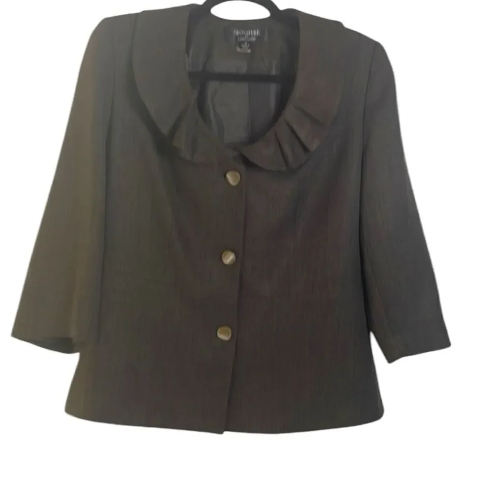 Larry Levine Ruffled Collar Blazer Jacket Size10 Brown Herringbone Tweed Career
